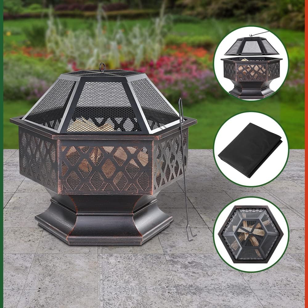 GARDEBRUK® Feuerschale mit Funkenschutz Schürhaken Abdeckung 70cm Eckig Antik Schwarz Terrasse Garten Feuerstelle Feuerkorb Kamin Ofen Holz Grill