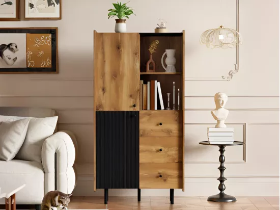 Vitrine H 160cm - avec 2 portes、3 tiroirs et 2 compartiments - Noir & Naturel
