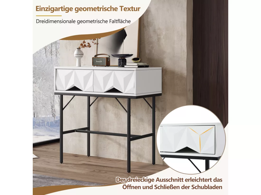 Table console moderne avec 2 tiroirs - 80 x 40 x 80 cm - MDF - pour salon, couloir - blanc + noir