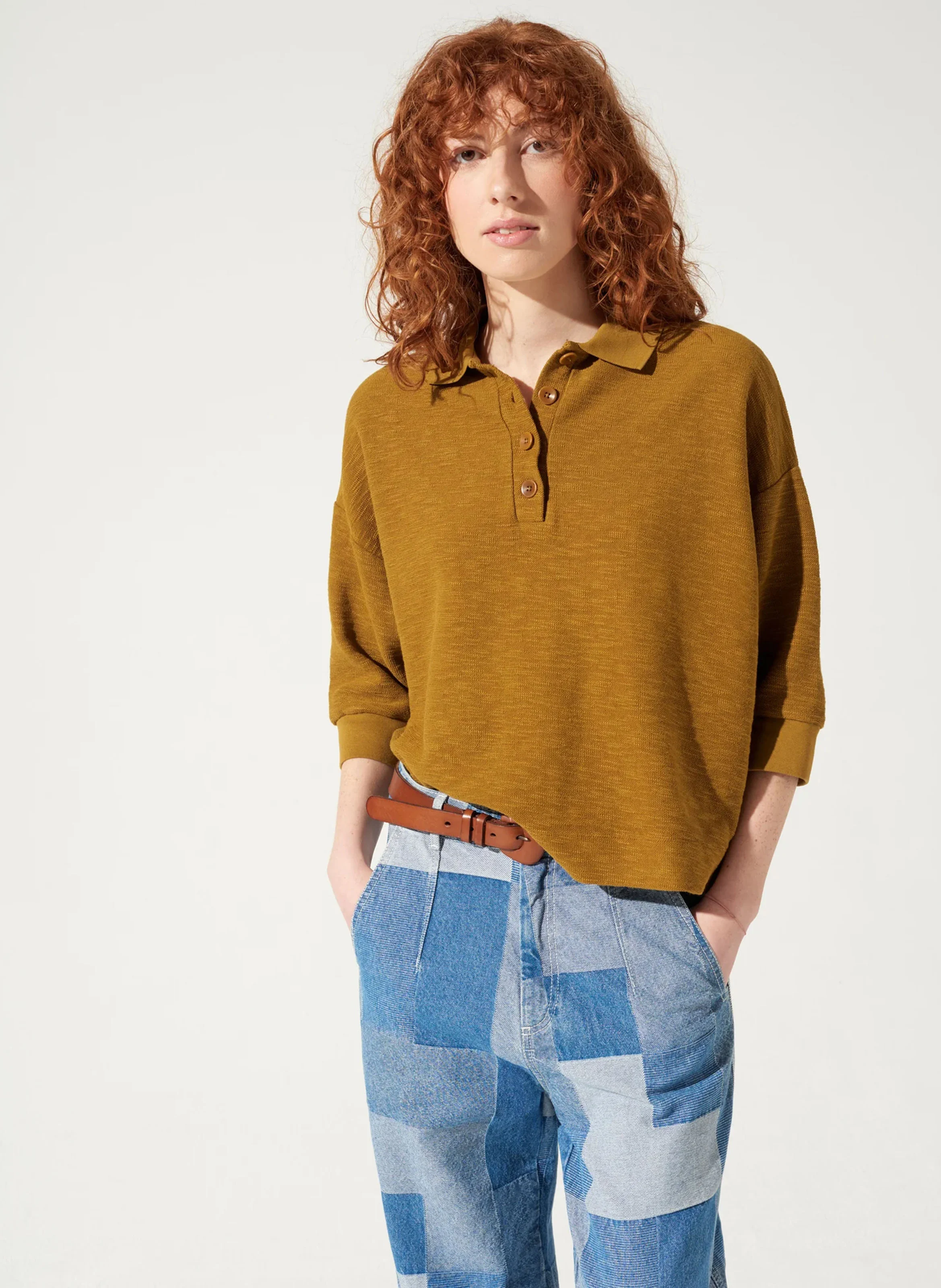MARCIA - Polo oversized manches 3/4 en coton mélangé | Jaune