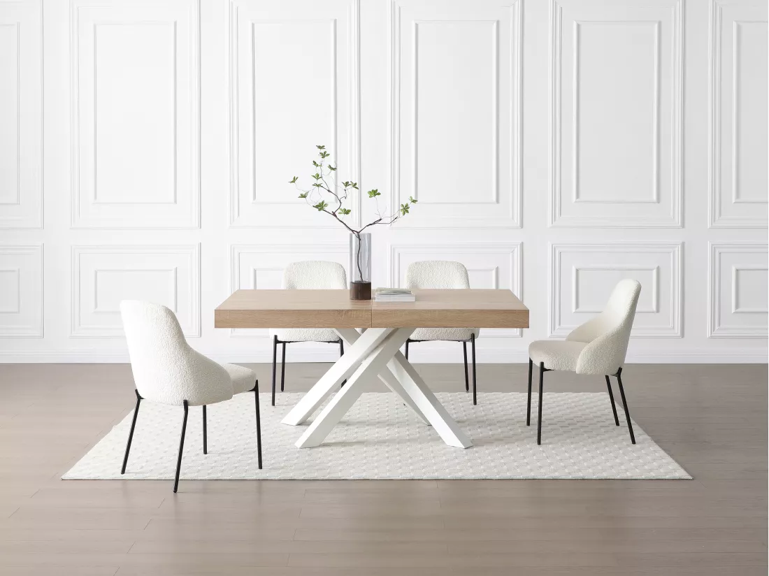 Table à manger extensible 6 à 10 personnes en MDF et métal - Naturel et blanc - CATONAV