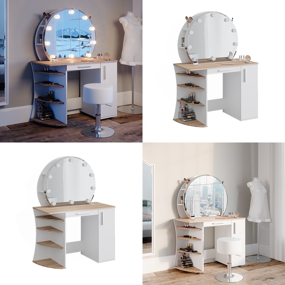 Vicco Schminktisch Frisiertisch Kosmetiktisch Almina Weiß Sonoma Schminkspiegel 100x143 modern LED Beleuchtung Schlafzimmerkommode Schminkkommode Schublade Frisierkommode Make-Up-Tisch