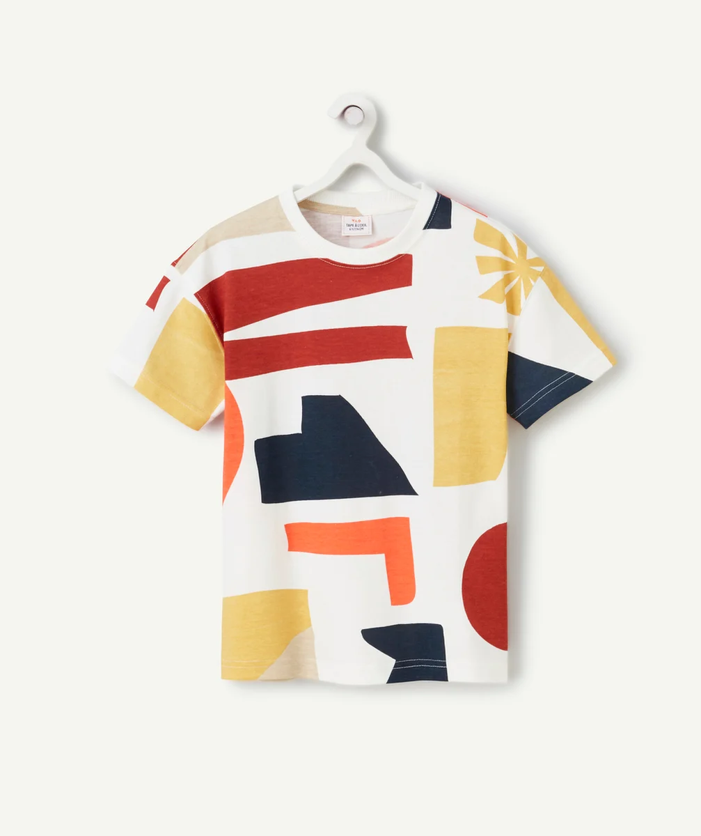 t-shirt garçon en coton bio blanc imprimé géométrique coloré