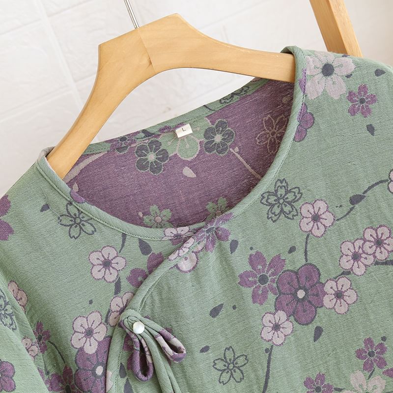 Somnus - Pyjamaset: Lange mouwen, bloemenprint, kikker, knoopjestop + broek