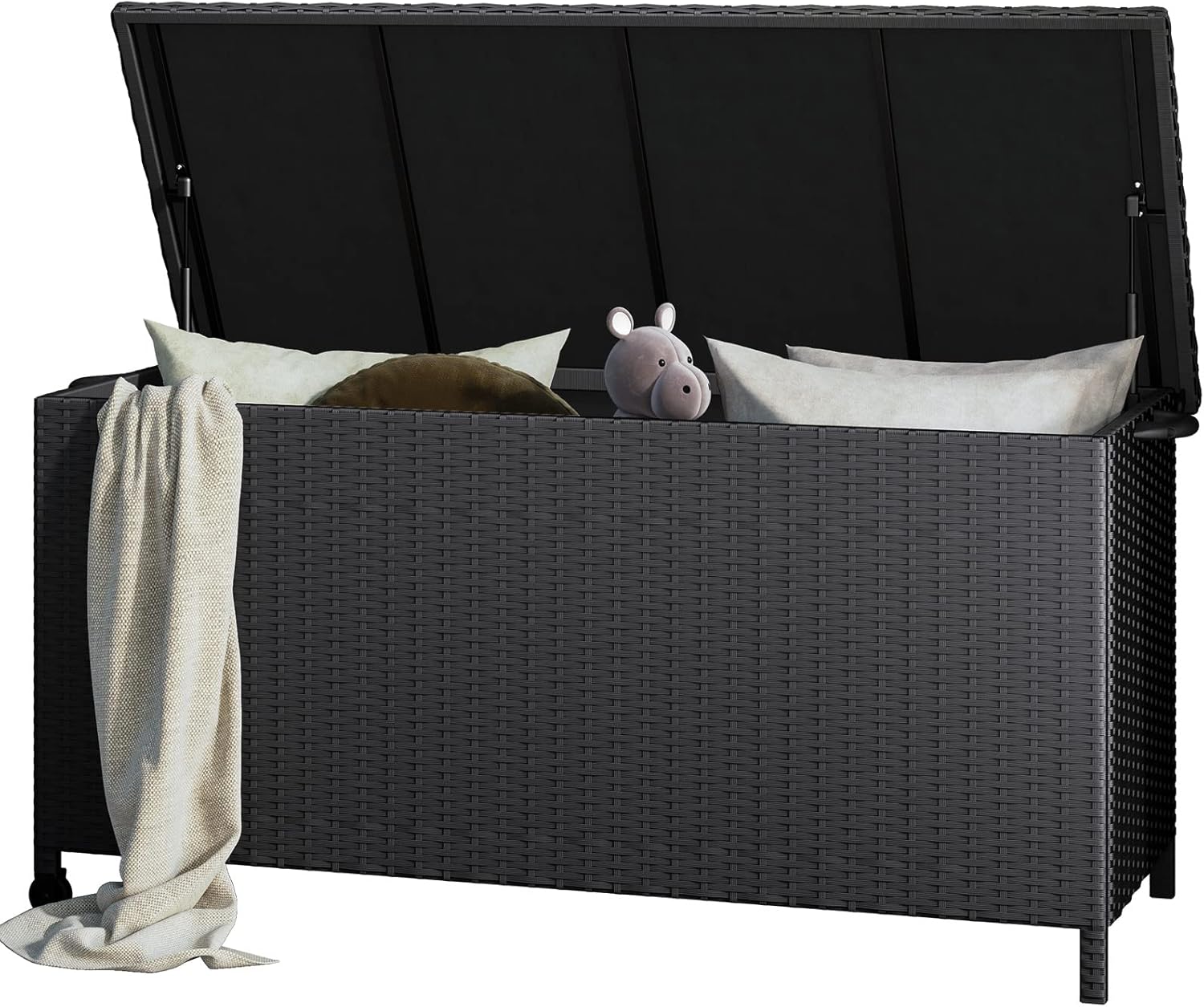 Grand patio Rattan Auflagenbox 480 Liter Gartenbox mit Deckel und Gasdruckfedern, UV-beständig Aufbewahrungskiste mit Zwei Radern, Leicht Bewegen, Kissenbox für Garten, Balkon (Schwarz)