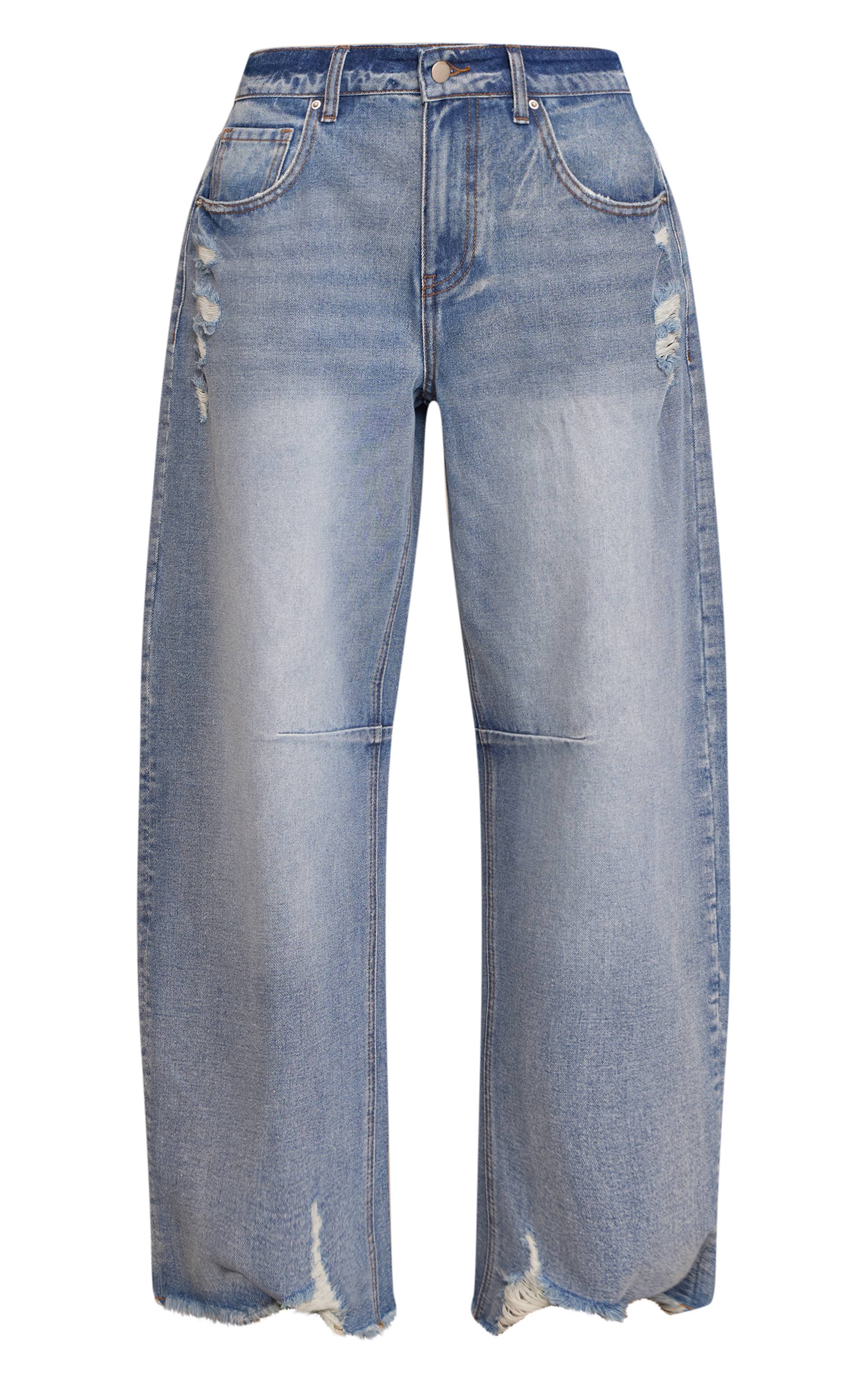 Mid Blue Wash Jean Barrel Bleu Moyen Effet Usé