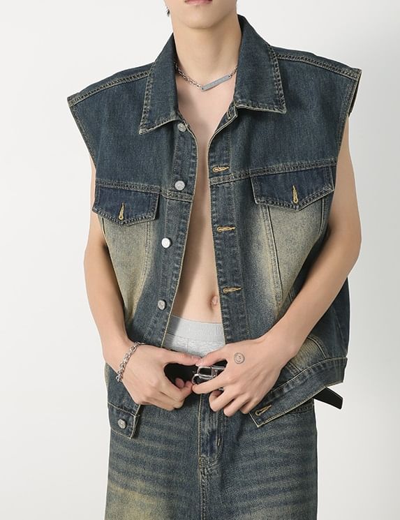pinkdropper - Gewassen denim vest met kraag en knopen / Lage taille denim shorts met distressed effect