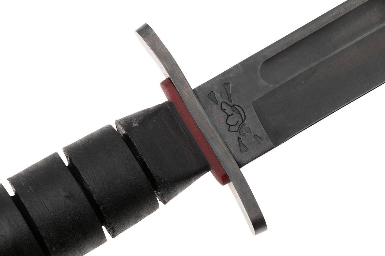 KA-BAR State & Union Dogshead Red Spacer SU6417DH, Gun Blued 1095CV, Stacked Leather, vaststaand mes