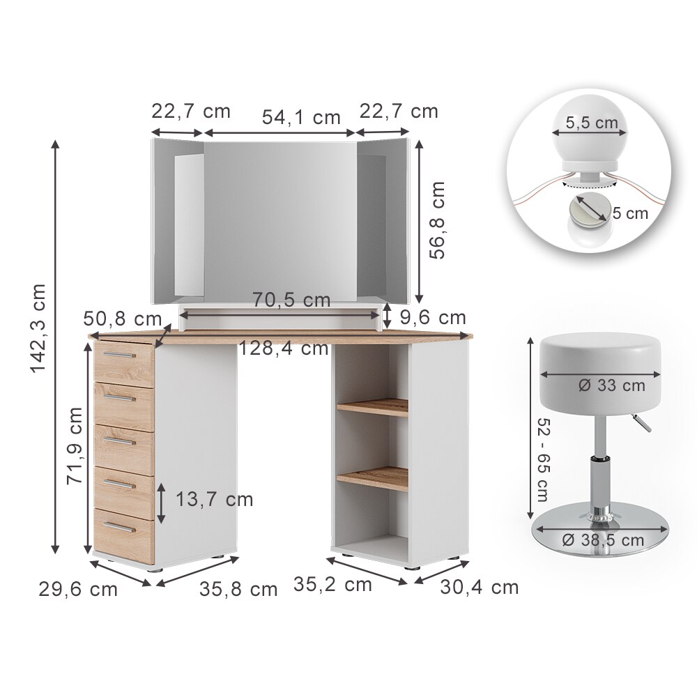 Vicco Eckschminktisch Frisiertisch Frisierkommode Sofia Weiß Sonoma Spiegel LED Hocker 128x142 cm modern Ablage