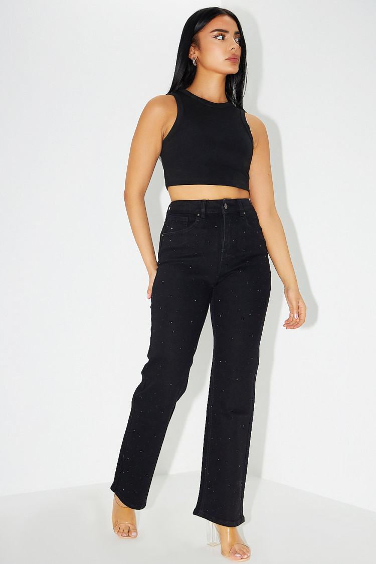 Jeans mom à strass noir