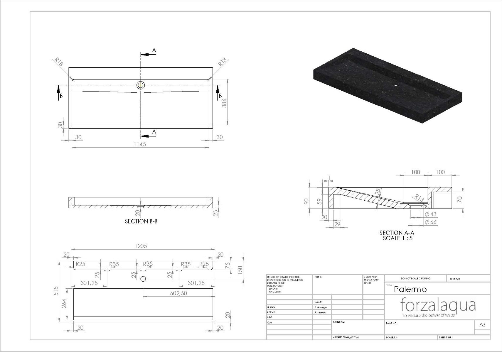 Forzalaqua Gela badmeubel 120cm charcoal met Palermo wastafel graniet gekapt zonder kraangat