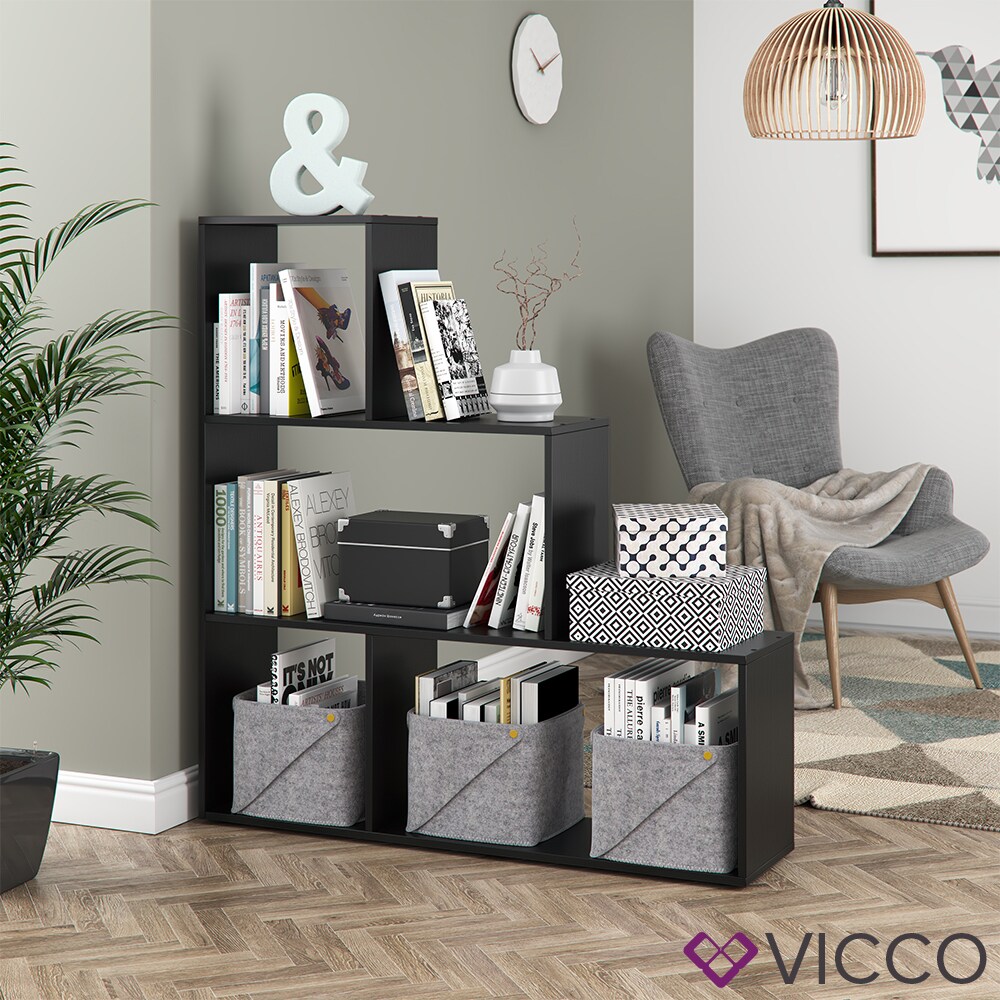VICCO TreppenregalASYM Raumteiler Schwarz 4 Fach Bücherregal Standregal Aktenregal Regal