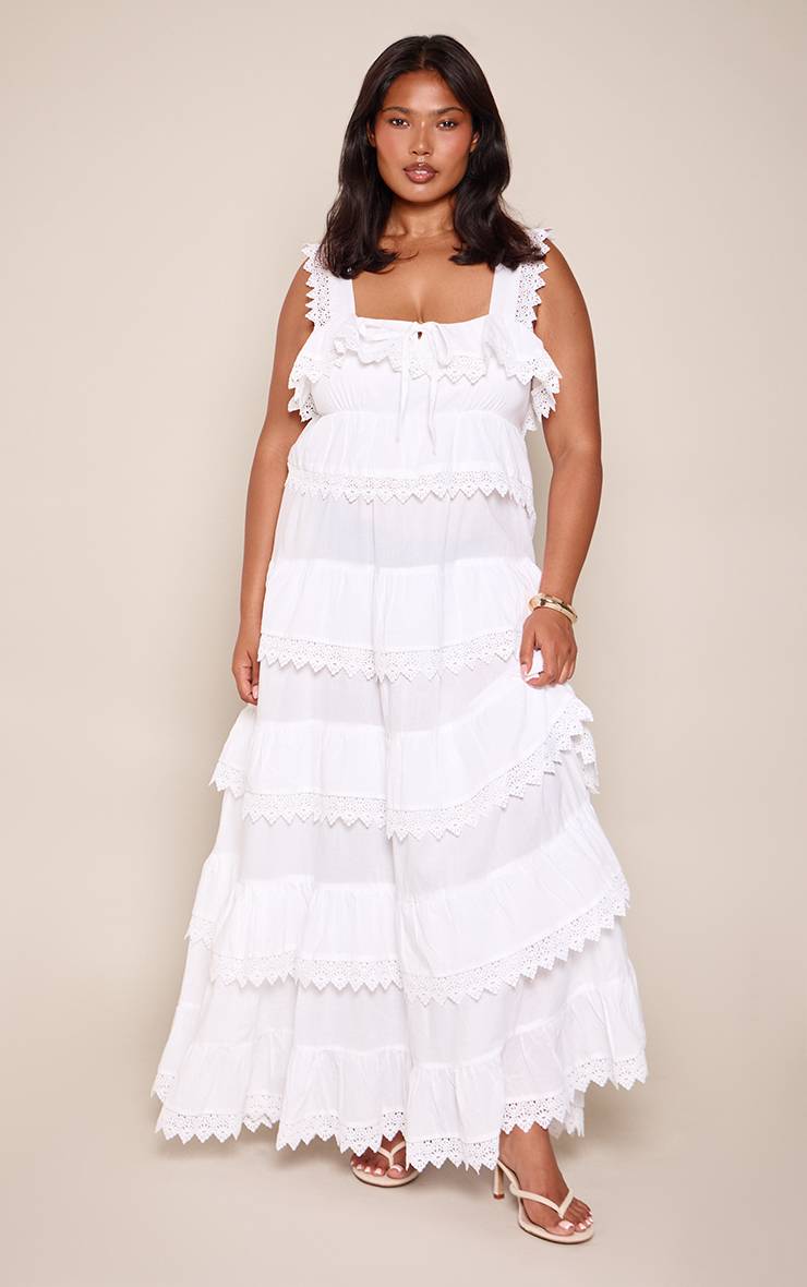 Blanc Robe Longue À Bretelles Étagée Grande Taille