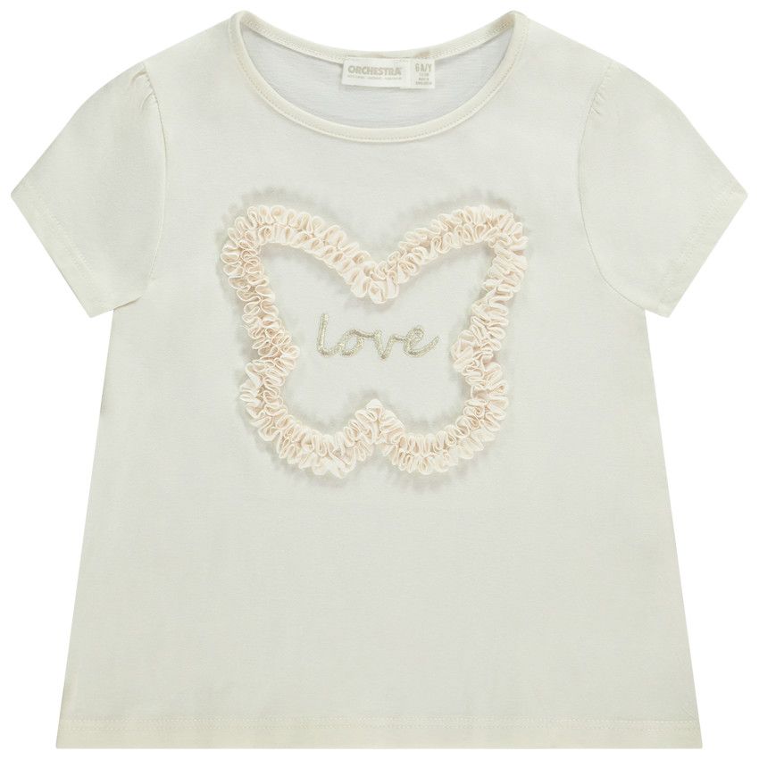 T-shirt manches courte motif rucher papillon pour fille - Ecru