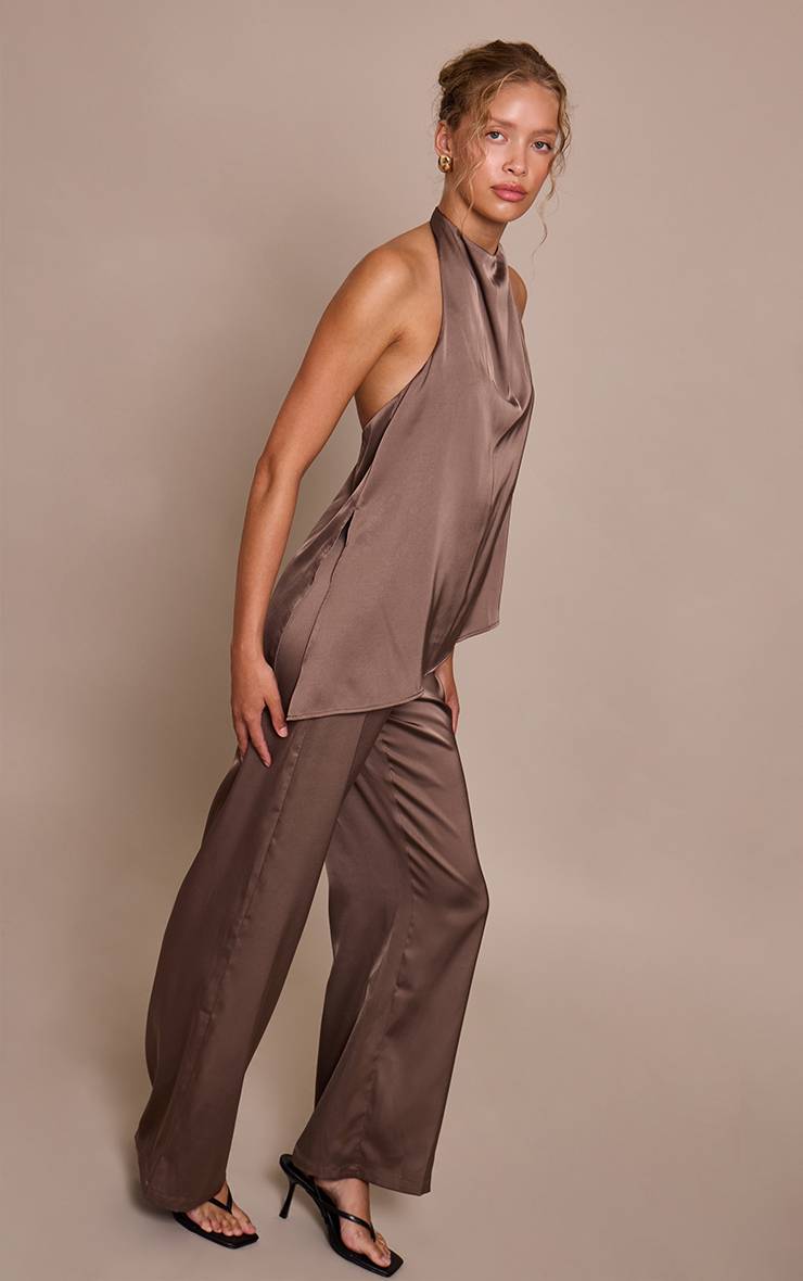 Marron Combinaison-pantalon Satinée Drapée À Col Licou Et Jambes Larges