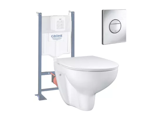 Pack WC sans bride Bau Ceramic Set de toilette Slim avec abattant + Bâti support Rapid SL + Plaque de commande WC rond chromé