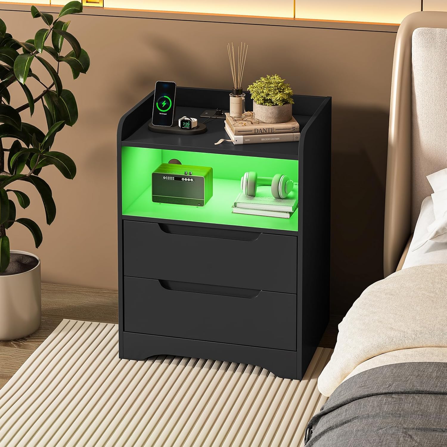 Nachttisch 2er Set Nachttische mit Ladefunktion und LED-Licht Nachtschrank 2er Set mit 2 Schubladen Nachttisch Schwarz Beistelltisch Schwarz Couchtisch Sofatisch für Schlafzimmer, Wohnzimmer