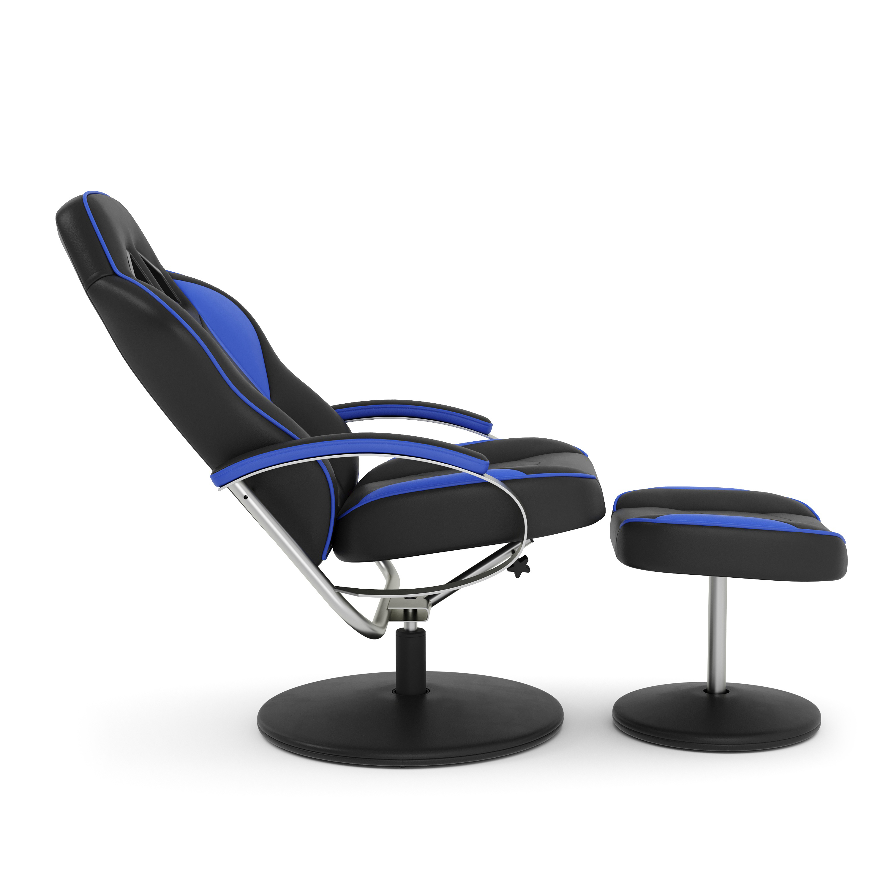 Fernsehsessel Leder mit Fusshocker blau/schwarz