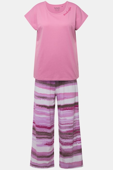Pyjama, Streifen, Stickerei, Rundhals, Halbarm