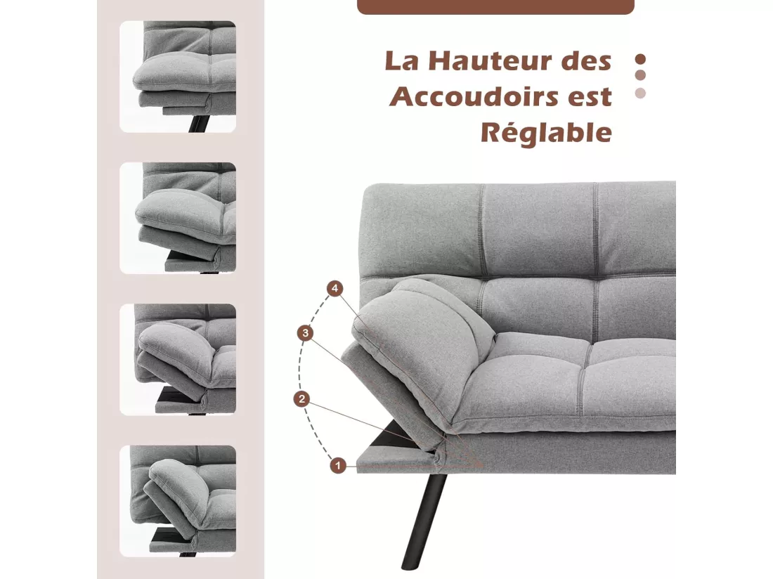 Canapé-Lit Convertible 5 en 1 avec Dossier et Accoudoirs Réglables, Canapé Futon 3 Places en Mousse à Mémoire, Pieds Métalliques, pour Petits Appartements, Salon, Bureau, Charge 273 KG, Gris