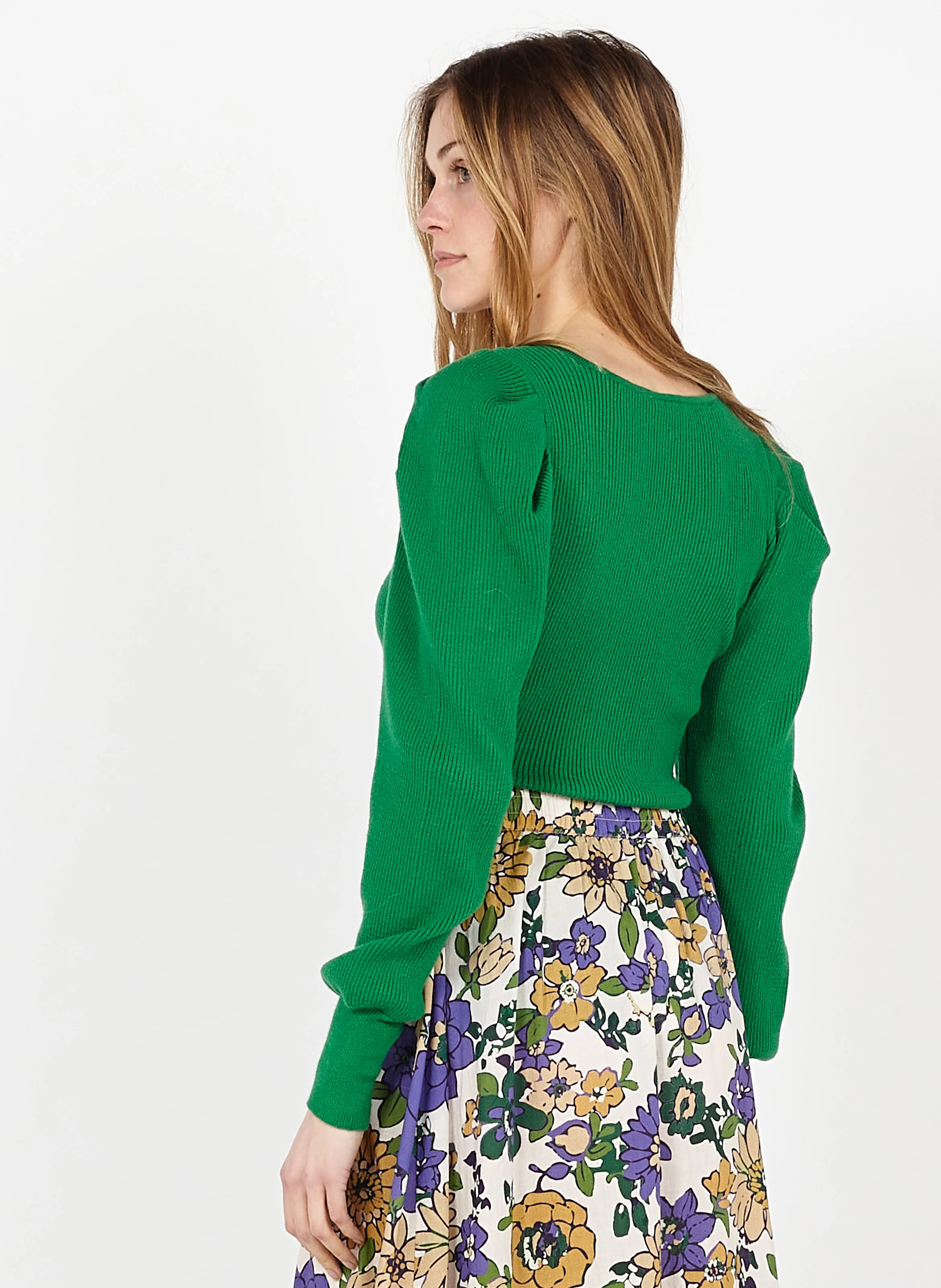 CISSY - Pull col V en maille mélangée| Vert