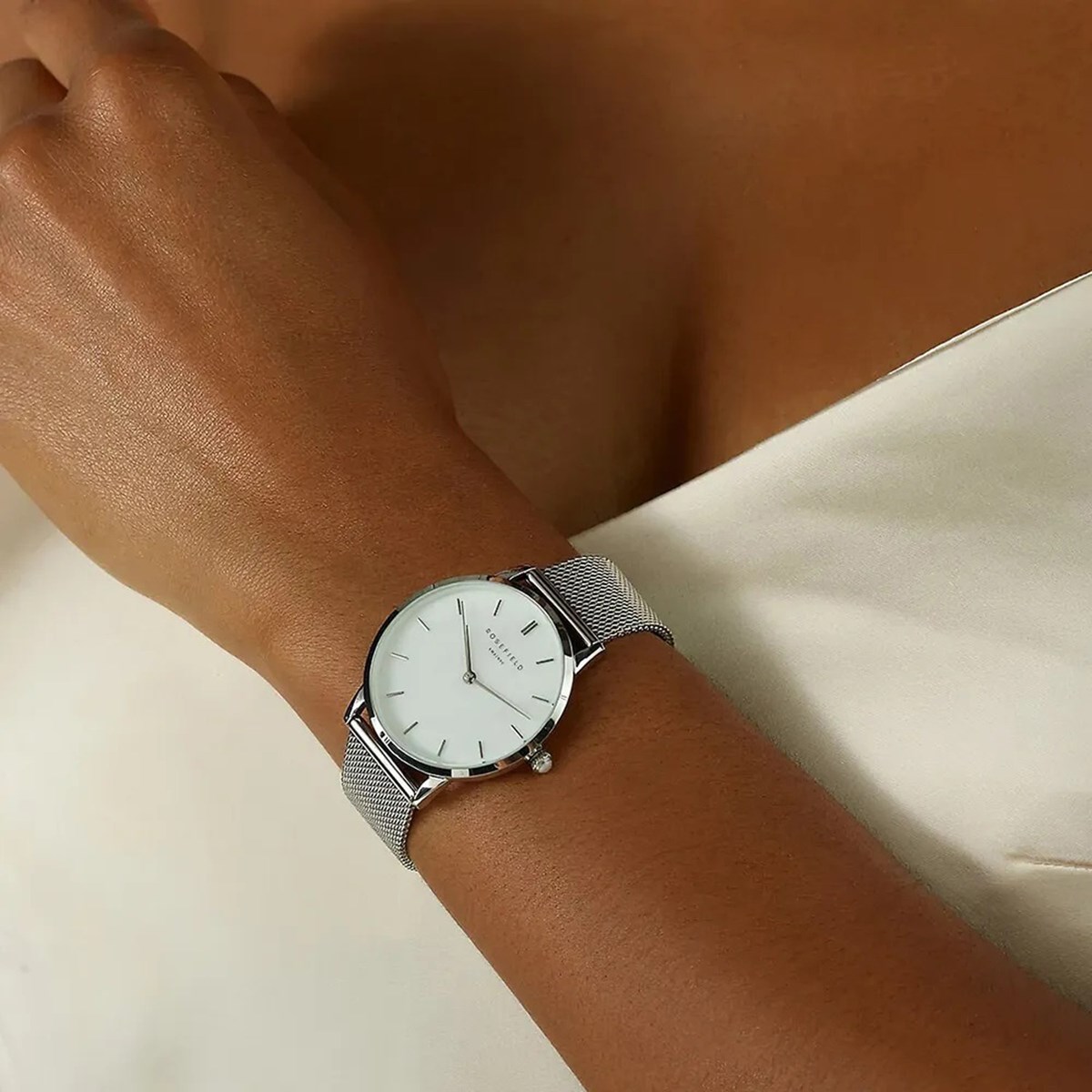 Montre femme Rosefield Pearl Edit maille mailanaiseargentée