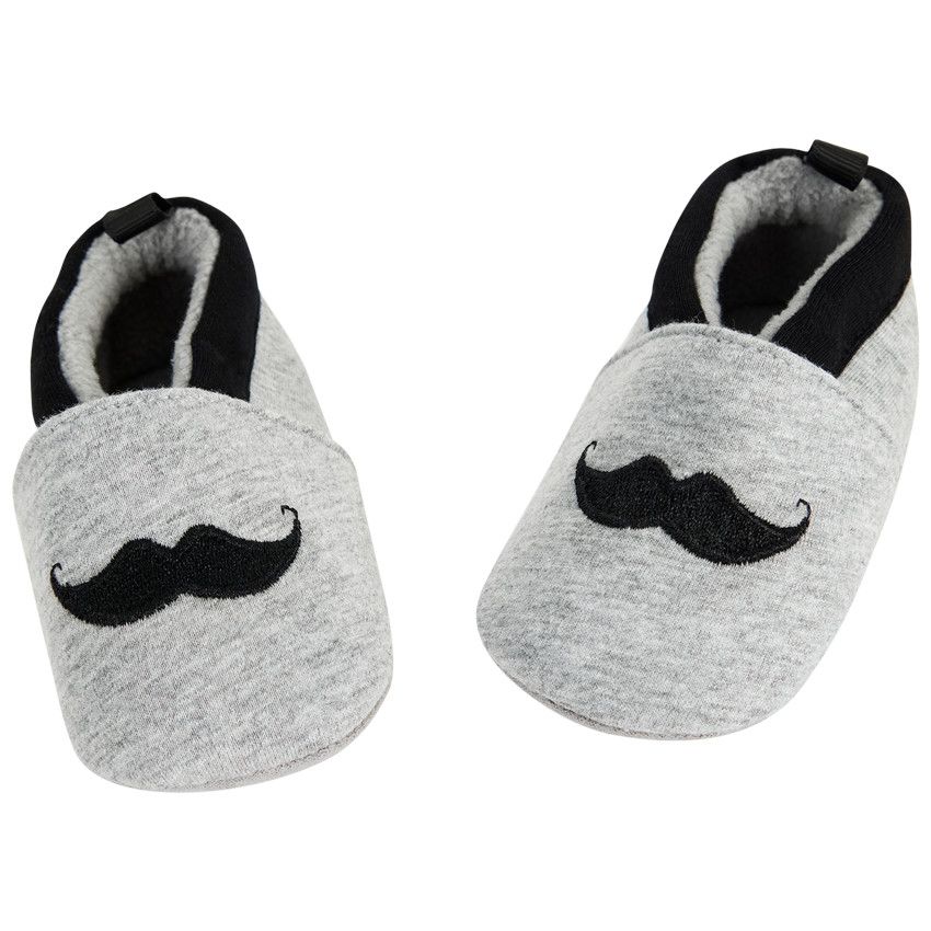 Chaussons souples broderie moustache pour bébé garçon - Gris chiné
