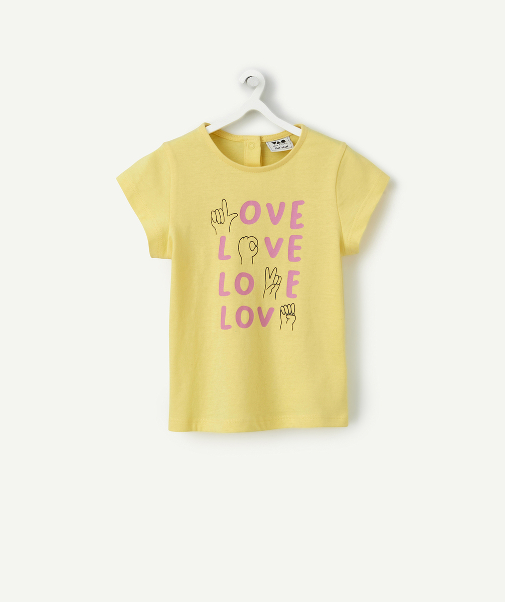 T-SHIRT MANCHES COURTES BÉBÉ FILLE EN COTON BIO JAUNE AVEC MOTIF LOVE
