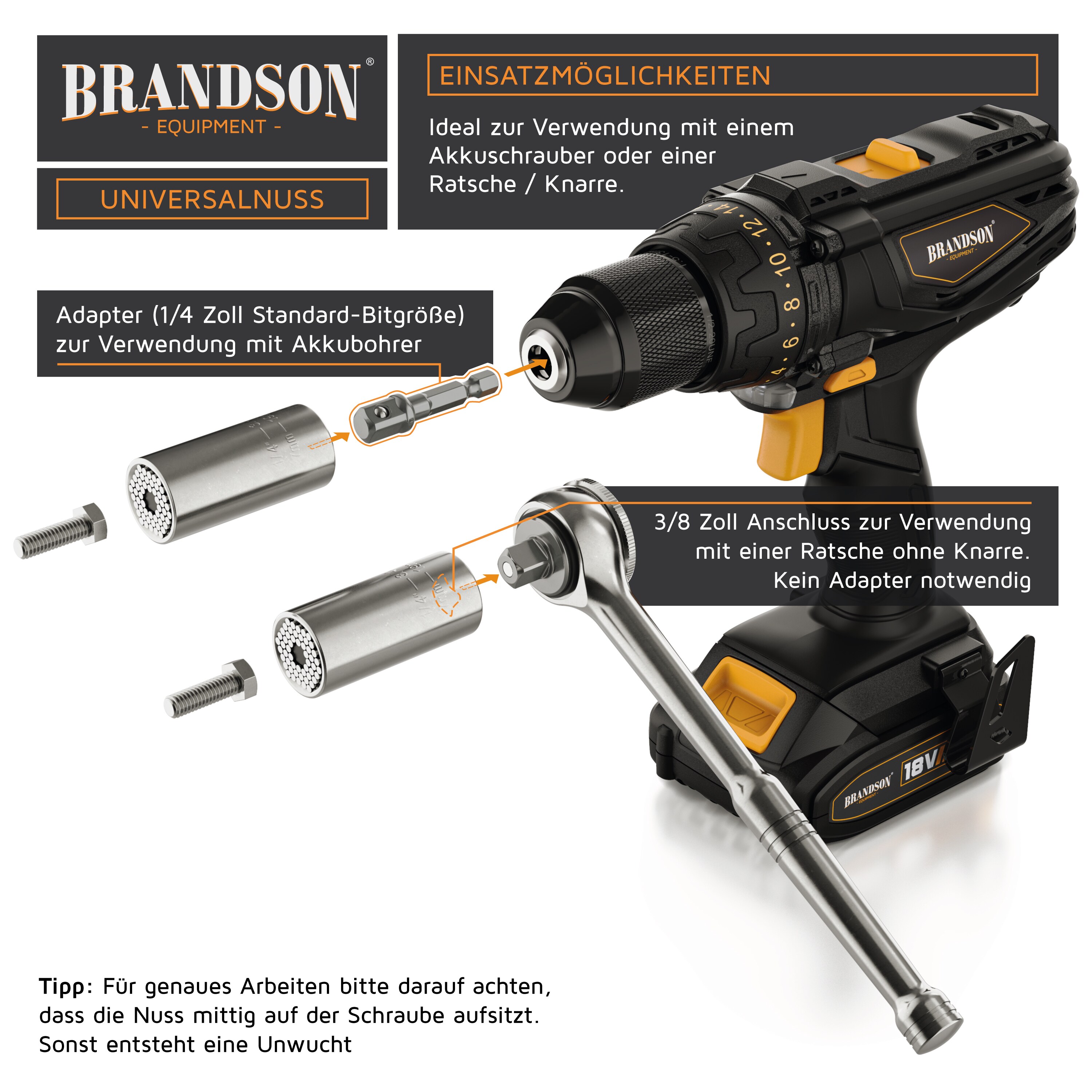 Brandson Premium Universal Schlüssel - Universal Steckschlüssel Multifunktions Nuss Bit Adapter - Powergrip Universalschlüssel