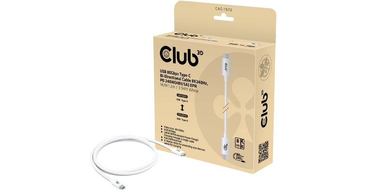 Club 3DUSB-C 80Gbps Certified 240W 8k 240Hz kabel  (Wit, 1.2m)