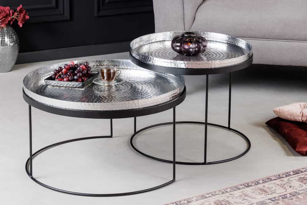 2er Set Runde Couchtische ELEMENTS 60cm silber schwarz Metall Tabletttisch Beistelltisch