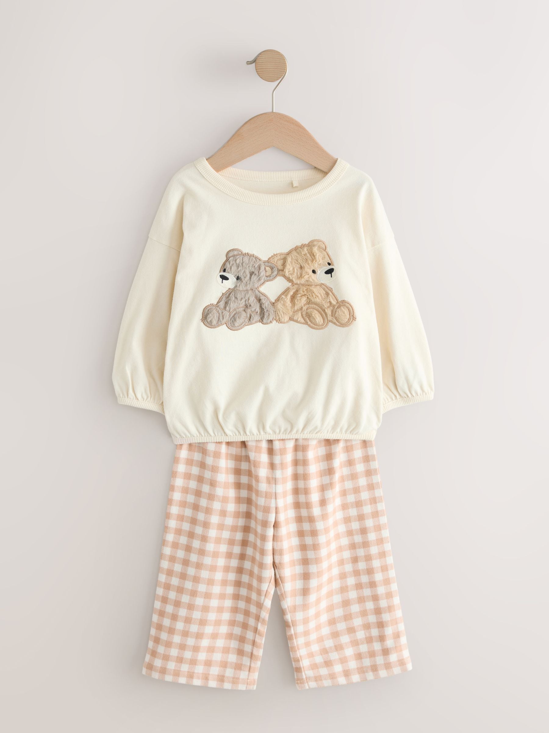 Ecru/Brown Aspen Bear - Sweatshirt Pyjamas with Woven Bottoms Set (9mths-10yrs)