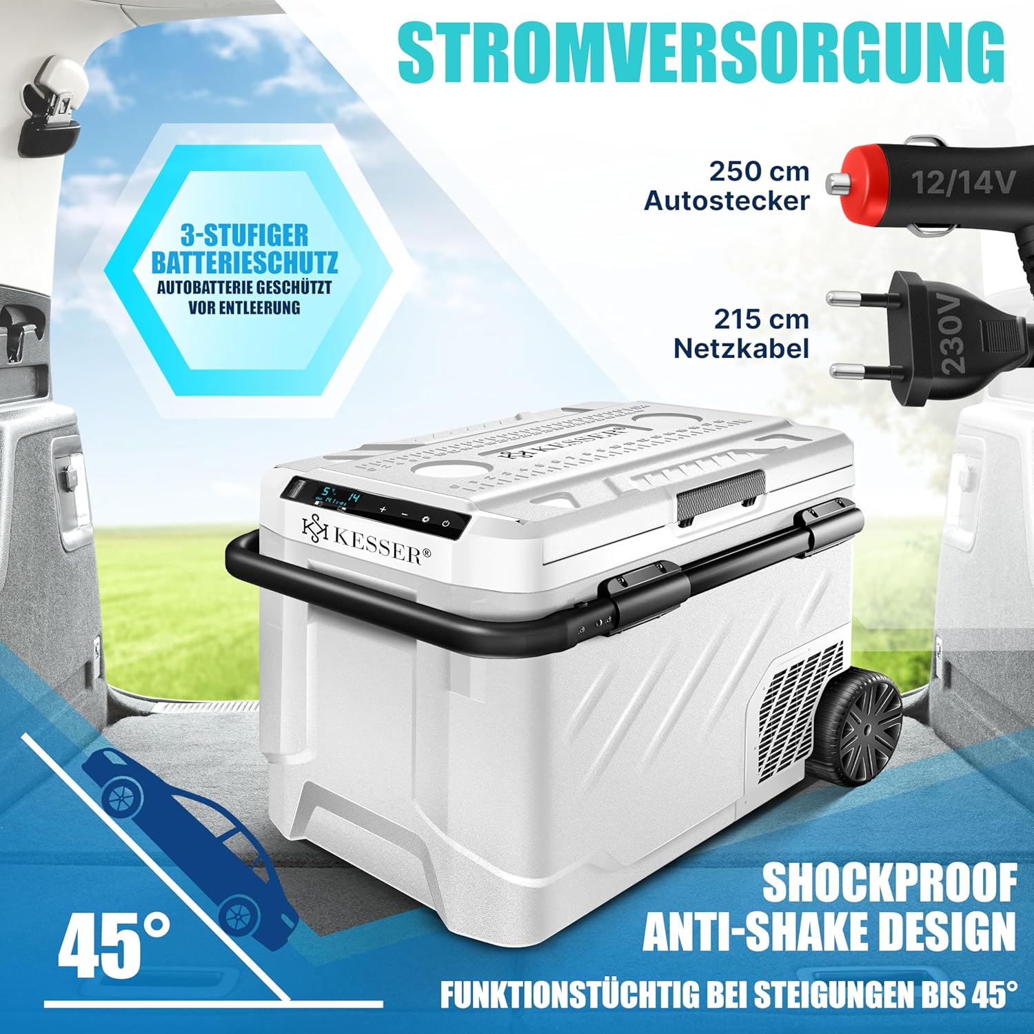 KESSER® Kompressor Kühlbox elektrisch 51 Liter | Camping Gefrierbox mit LED-Touch| Mit APP-Steuerung & Kühlakkus USB-Anschluss 12/24 V 230V | Kühlschrank Kühlung bis -20 °C für Auto LKW Weiß Schwarz