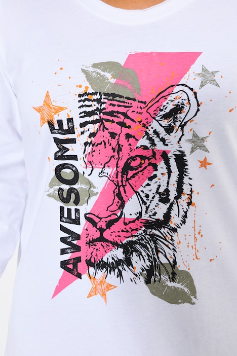 T-Shirt, A-Linie, Tiger-Motiv, offenkantig