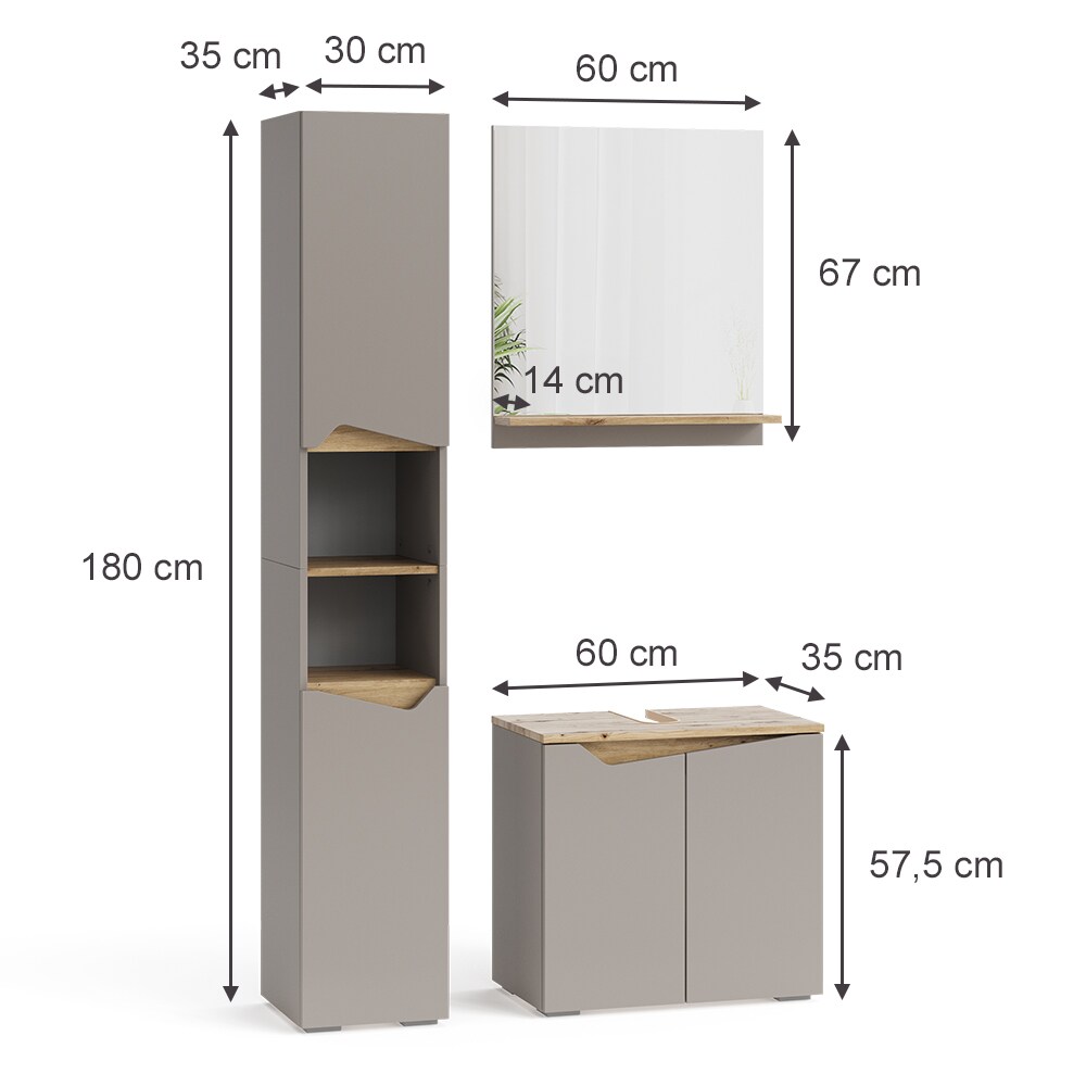 Vicco Badmöbel-Set Marelle Greige Eiche 3 Teile Hochschrank