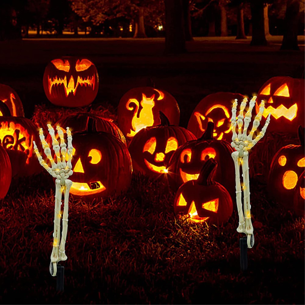 (2er Set) LED Halloween Party Deko Licht Skelett Arme Garten Leuchte (Batteriebetrieben) - Warmweiss