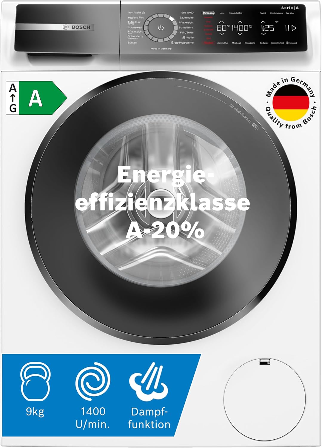 Bosch WGB244040 Serie 8 Smarte Waschmaschine, 9 kg, 1400 UpM, Made in Germany, Active Water Plus Energie- und Wasserersparnis, Iron Assist Dampf zum Entknittern, Mini Load
