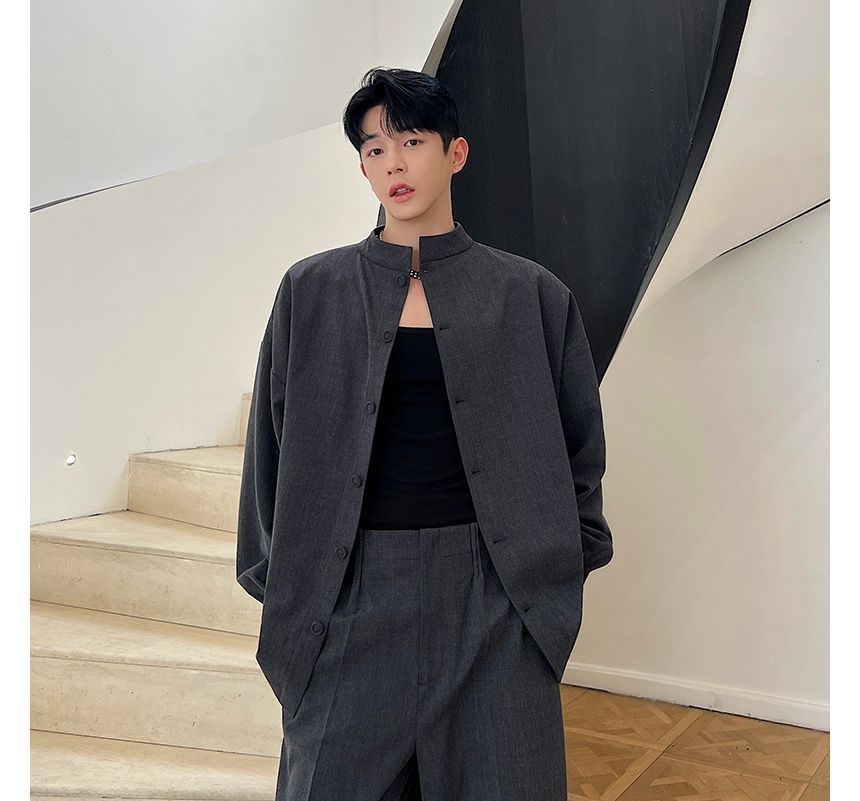 Omozando - Set: Mock Neck Plain Single Breasted Blazer + Mid Rise Wide Leg Pants + Rok