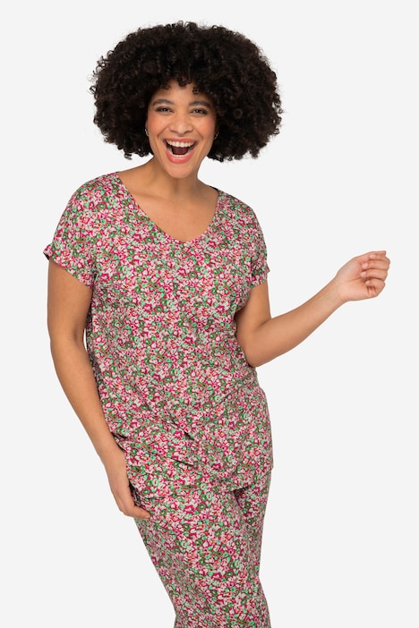 T-Shirt, Blümchen, V-Ausschnitt, Halbarm