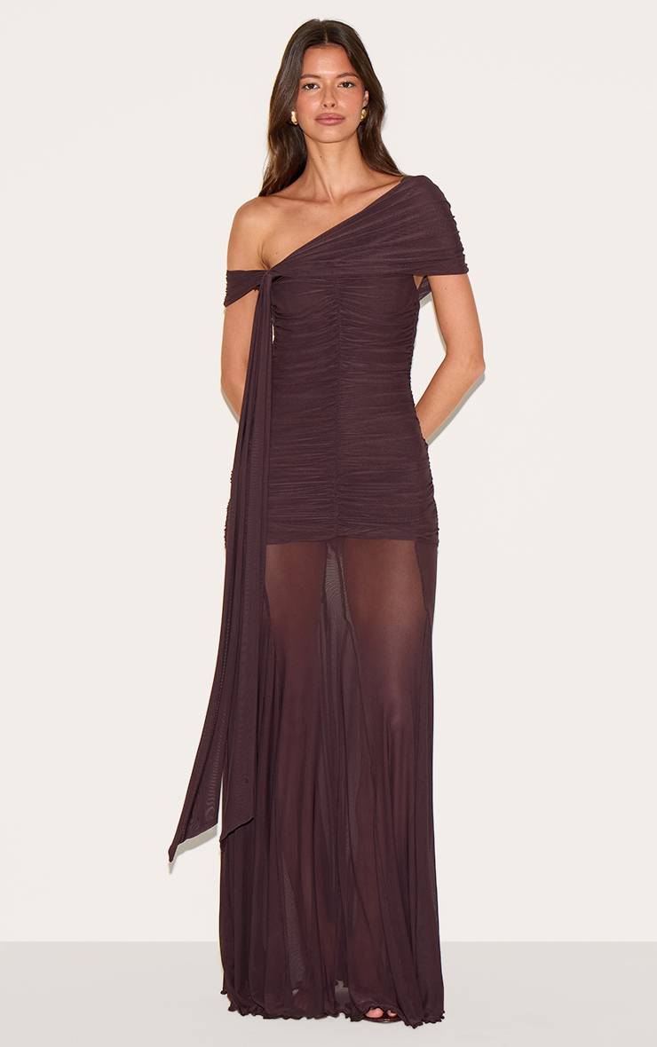 Marron Robe Longue Bardot En Mesh Doublée
