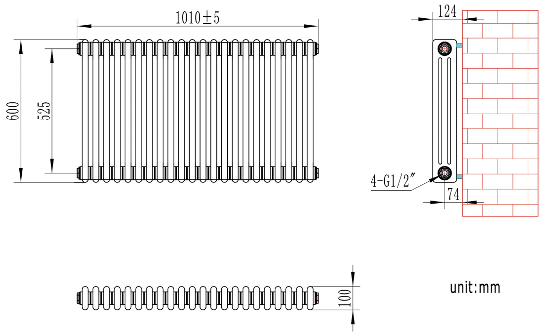 Eastbrook Rivassa 3 koloms radiator 100x60cm staal 1794W zwart mat
