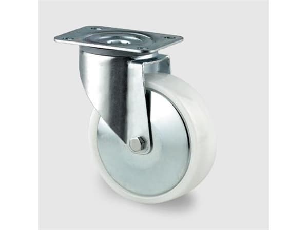 Drejeligt hjul, polyamid, Ø125 mm, 275 kg, glideleje, med plade Byggehøjde: 155 mm. Driftstemperatur