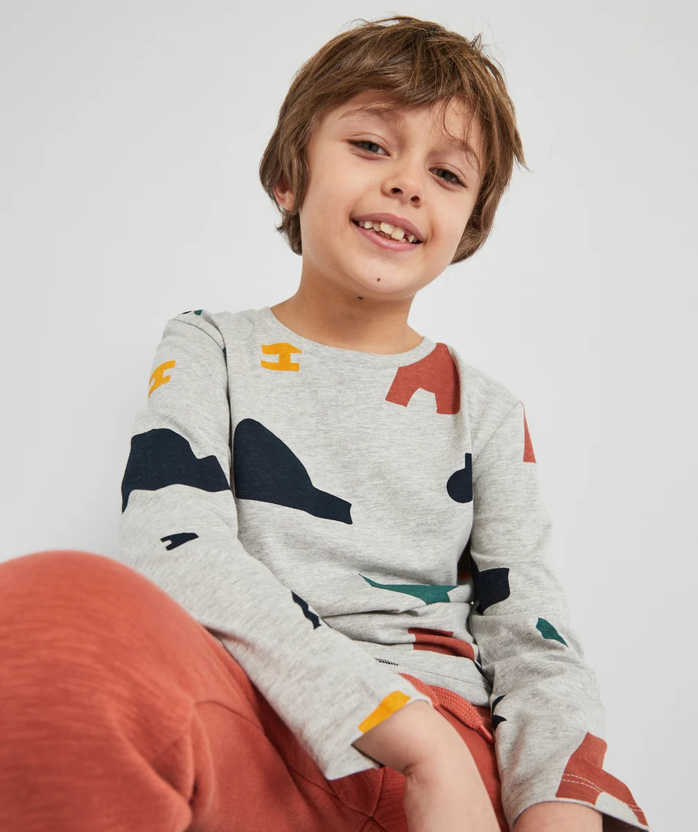 T-SHIRT GARÇON EN COTON BIO GRIS AVEC MOTIFS COLORÉS ET FLOQUÉS
