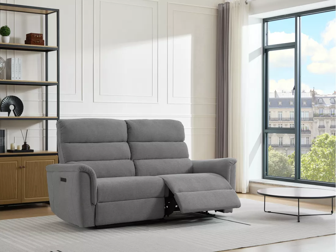 Canapé 3 places relax électrique en tissu gris CARTASIA