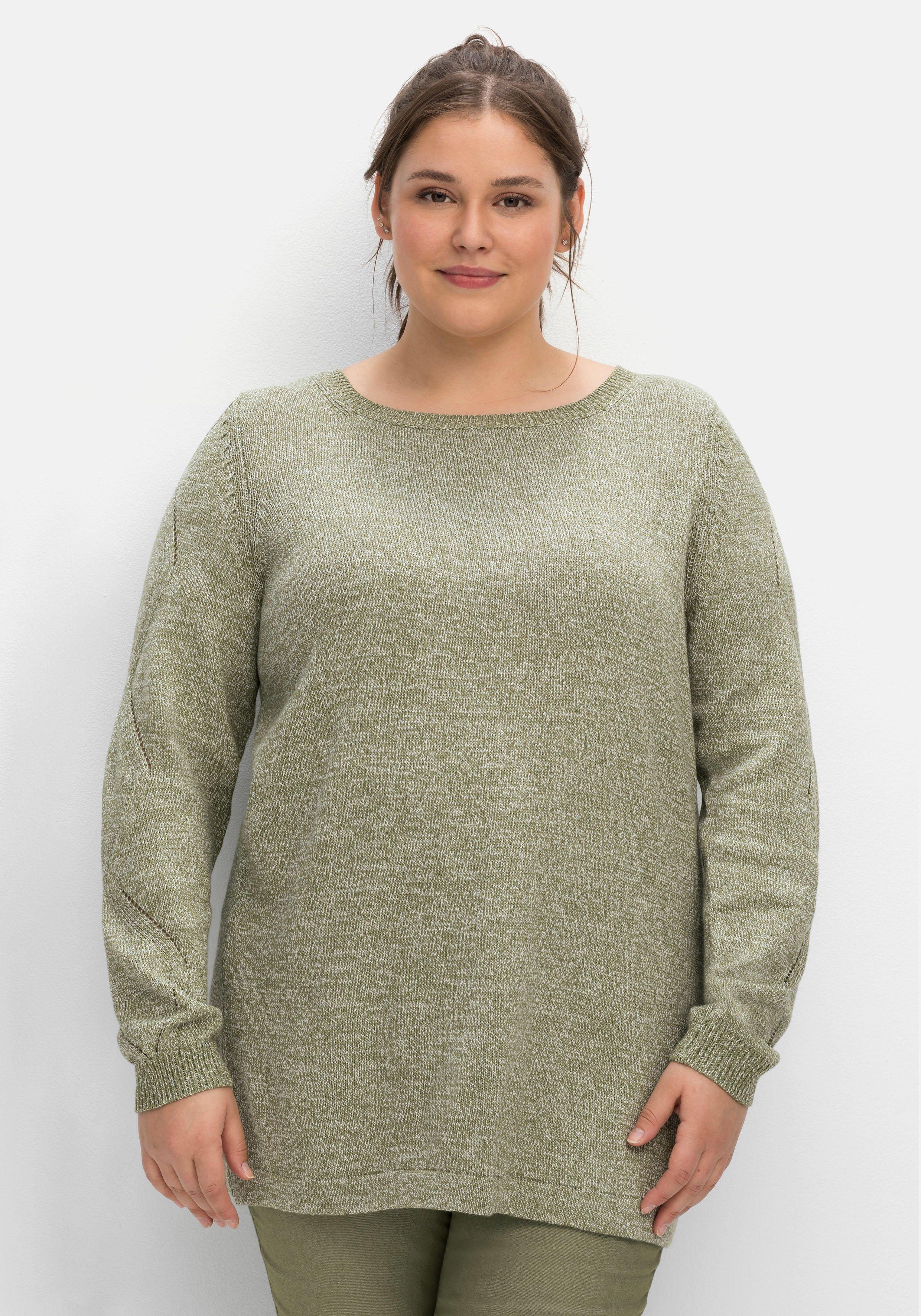 Melierter Pullover mit Ajourmuster am Ärmel