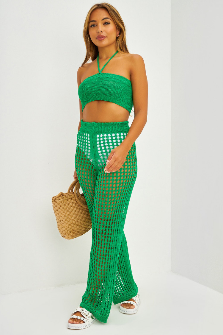 Ensemble top bandeau + pantalon en maille ajourée vert