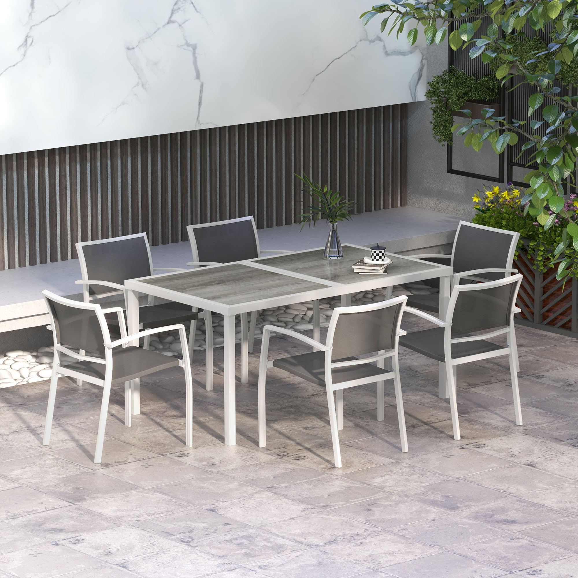 Conjunto de jantar para exterior Outsunny de 7 peças, conjunto de jantar para jardim com 1 mesa e 6 cadeiras empilháveis, estilo moderno para terraço e pátio, branco e cinza.
