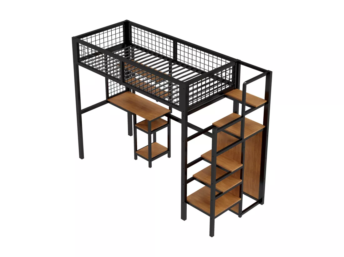 Lit mezzanine 90 x 200 cm avec armoire, éscalier, bureau, étagères de rangement, tout-en-un - cadre en métal - noir