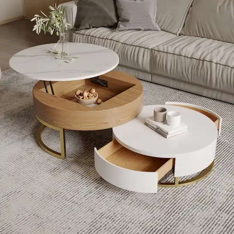 Round Coffee Table White with Storage Lift-Top Wood Coffee Table Lifts up with Rotatable Drawers White Natural