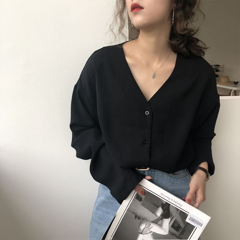 Alfie - Blouse van effen chiffon met lange mouwen en V-hals